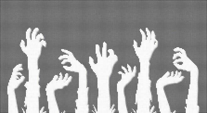 Horror zombie hands rising up from ground, creepy dark halftone dot background