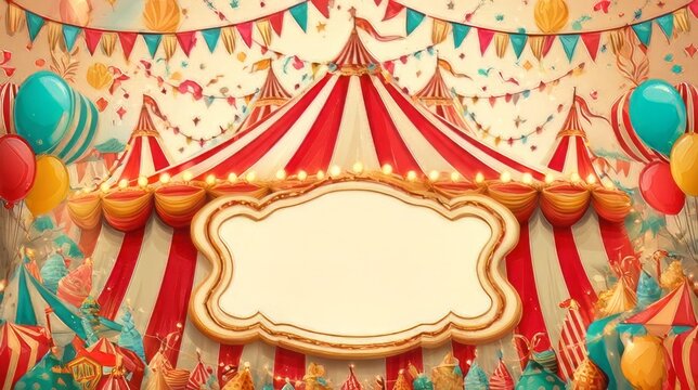 Red and white striped circus tent frame with a blank center banner. 