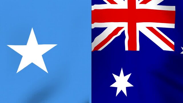 Waving national flags of Somalia and Australia side by side in a conceptual diplomatic political or international relations design