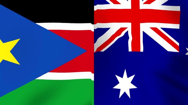 Waving national flags of South Sudan and Australia side by side in a closeup fabric texture view