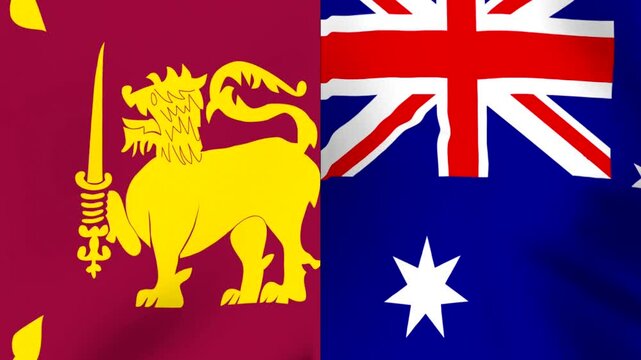 Waving national flags of Sri Lanka and Australia side by side in a conceptual diplomatic alliance representation