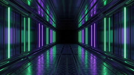 Naklejka premium Futuristic Sci-Fi Corridor with Neon Green and Purple Lights, Dark Metallic Tunnel 3D Render