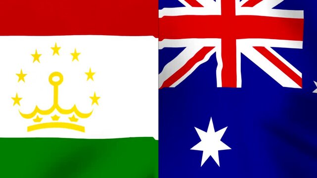 Waving national flags of Tajikistan and Australia side by side in a conceptual international partnership design