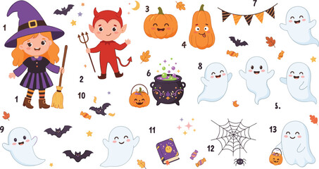 Fototapeta premium Cute Halloween Vector Character and Icon Set with Witch Devil Ghosts Pumpkins Witch Cauldron and Spooky Decorative Elements for Children Holiday Designs