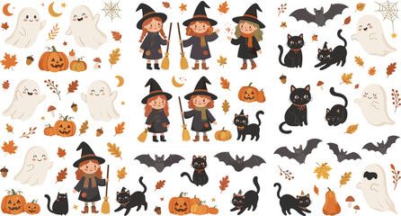 Fototapeta premium Cute Halloween Vector Character and Icon Set with Witch Devil Ghosts Pumpkins Witch Cauldron and Spooky Decorative Elements for Children Holiday Designs