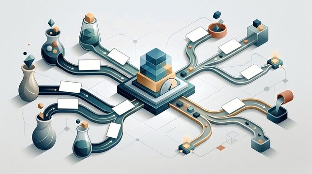 Isometric diagram of a complex data processing workflow with multiple inputs routing through a central hub to various outputs