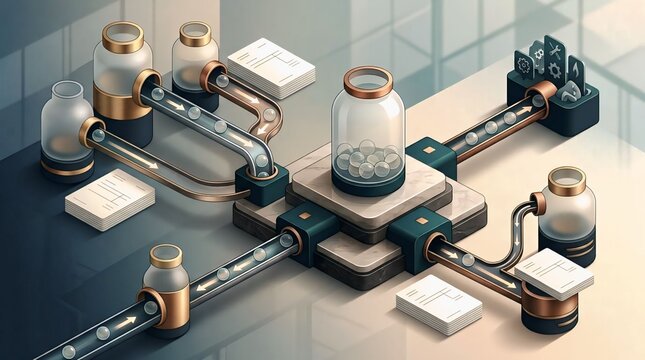 Isometric workflow diagram showing spheres flowing between jars, documents, and processing modules