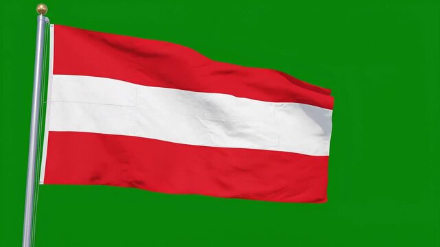 Austrian national flag attached to a flagpole waving against a green screen