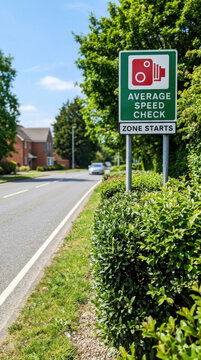Average Speed Check Zone Starts Traffic Sign On A Sunny Day With Greenery