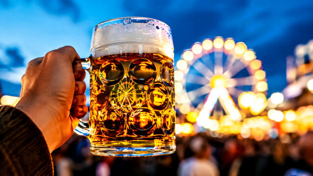 Beer Mug Held in Hand of Festival Visitor, with Ferris Wheel in Blurred Background
