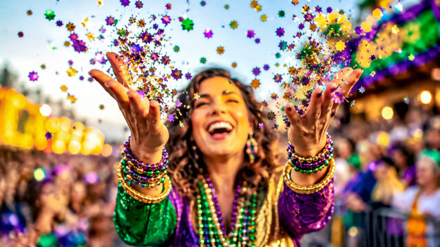 Woman Throwing Purple, Green and Gold Confetti at Mardi Gras Parade Celebration