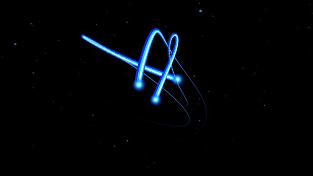 Abstract futuristic glowing blue light trails and energy comets swirling on dark starry background animation.