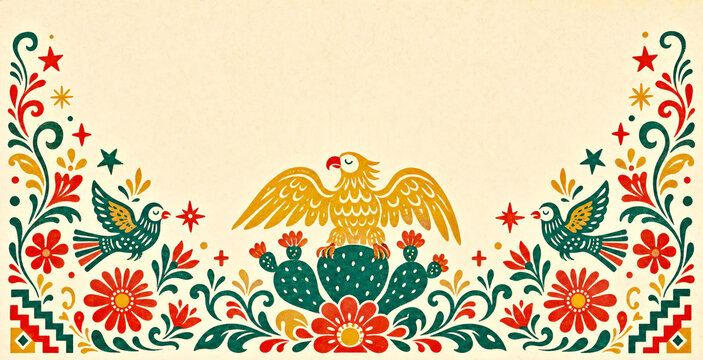 Mexican Folk Art Background with Eagle, Cactus, Floral Border and Copy Space for Independence Day