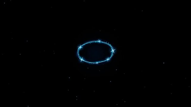 Abstract glowing cyan magic halo ring with sparkling stars on dark background animation.