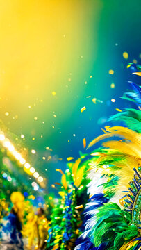 Brazilian Carnival Background with Motion Blur Feathers, Parade Silhouettes and Confetti