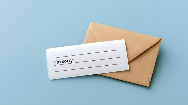A white paper note with apology text placed beside a brown craft paper envelope on a light blue background for communication message concepts