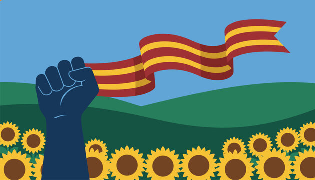 Raised clenched fist holding striped red and yellow catalan ribbon over scenic green hills and sunflower field.