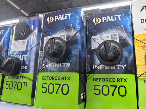 Graphics cards on display at a technology store showcasing GPU options