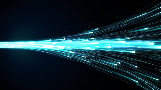 Abstract futuristic cyan glowing fiber optic light trails and data flow on dark background animation.