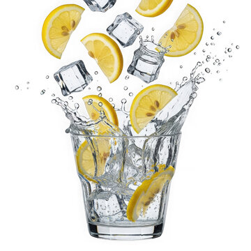 Lemon slices and ice cubes splashing into a glass of water on a white background