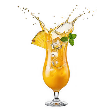 Pineapple cocktail with ice and splash isolated on white background