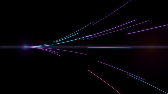 Abstract futuristic glowing neon light trails and energy burst radiating on dark background animation.