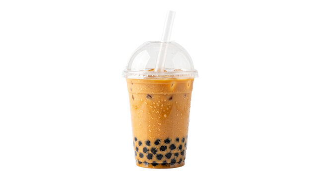 Iced bubble tea with black tapioca pearls, refreshing milk tea in plastic takeaway cup, sweet boba drink with straw isolated PNG with Transparent Background