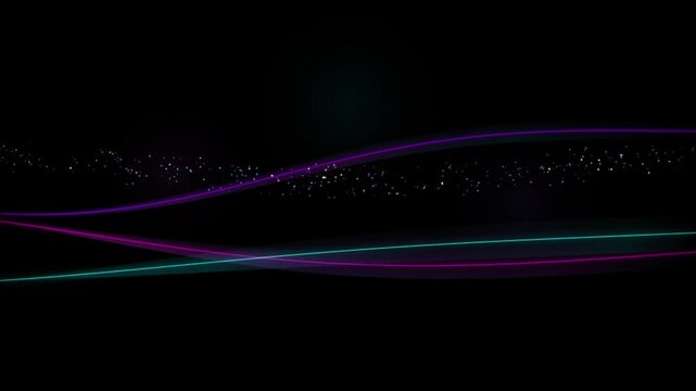 Abstract elegant glowing neon wavy lines and floating particles on dark background animation.