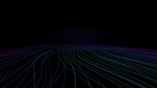 Abstract futuristic retro synthwave glowing neon wavy lines digital landscape on dark starry background animation.