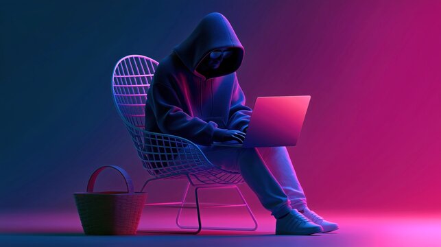 Hooded figure using a laptop under neon blue and pink lighting, conceptual cybersecurity, data privacy and online threat background.

