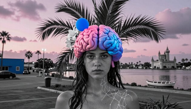 Surreal Brainwear Portrait with Sunset Waterfront Castle