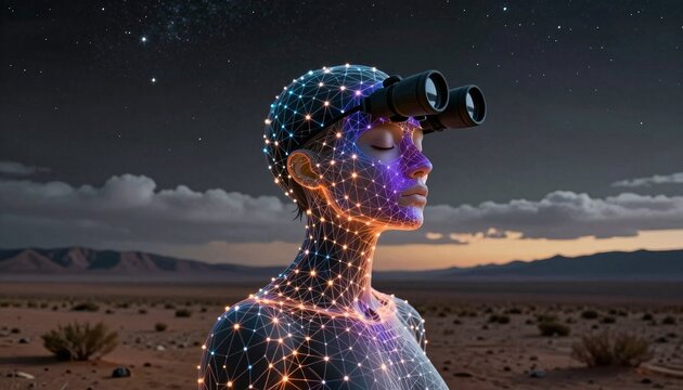 Digital Human with Networked Structure Observing Starry Desert at Twilight