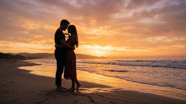 Romantic couple silhouette at sunset beach. Young lovers embracing on tropical shore during golden hour. Sunset romance and travel concept.