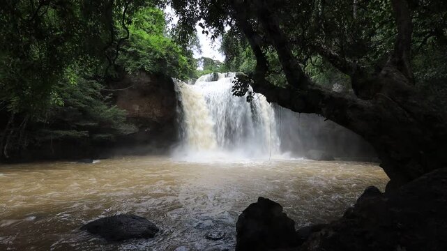 The beautiful nature backdrop of the Haew Narok waterfall in Khao Yai National Park is a stunning feature of the forest and a popular destination for tourists.