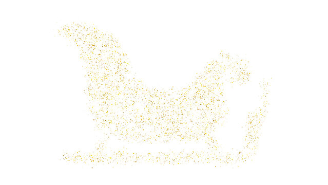 Gold Glitter Sleigh, Sparkling Santa sleigh silhouette composed of golden stardust confetti for magical Christmas holiday vector designs isolated on white background.