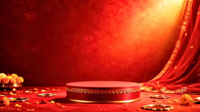Red and Gold Indian Festival Podium with Marigolds, Diyas and Draped Fabric for Navratri Product Display