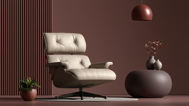 Minimalist lounge interior with cream leather recliner, sculptural table and warm burgundy wall for contemporary furniture branding.

