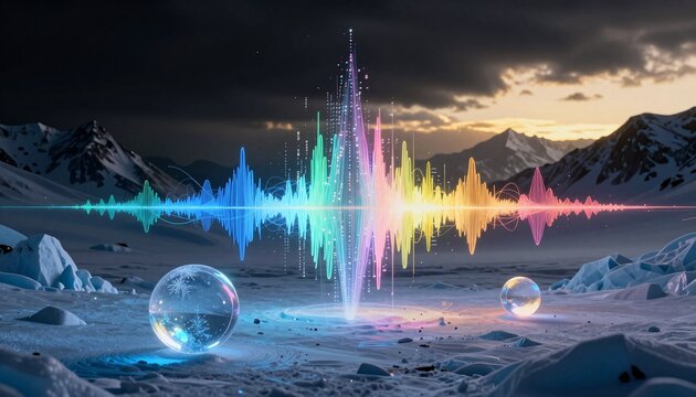 Vibrant Digital Sound Waves Over Snowy Mountain Landscape at Sunset