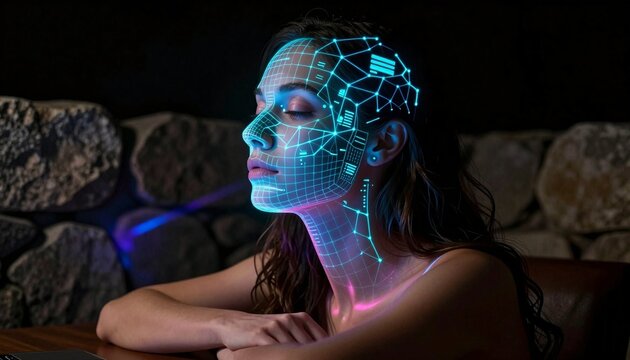 Futuristic woman with glowing digital neural network overlay in dimly lit cyberpunk setting