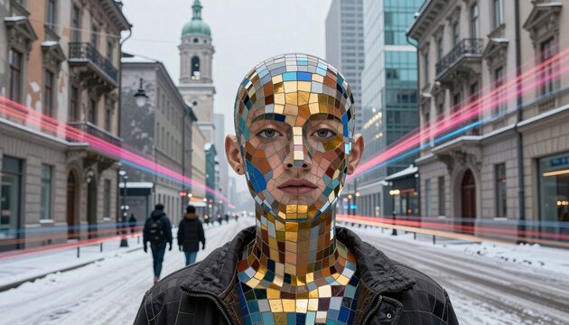 Mosaic-Faced Figure in Snowy Urban Street with Vibrant Light Trails