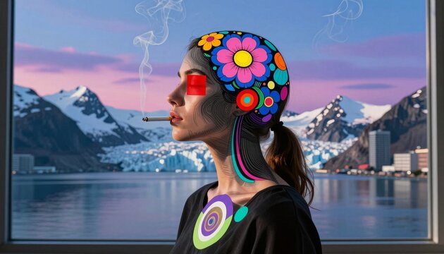 Surreal Mountain Sunset with Colorful Illustrated Head Design