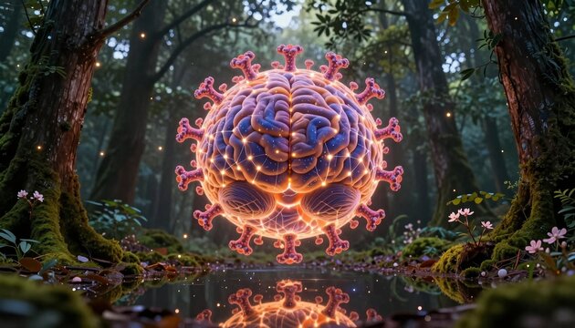 Glowing Brain-Virus Hybrid in Enchanted Forest | Digital Art