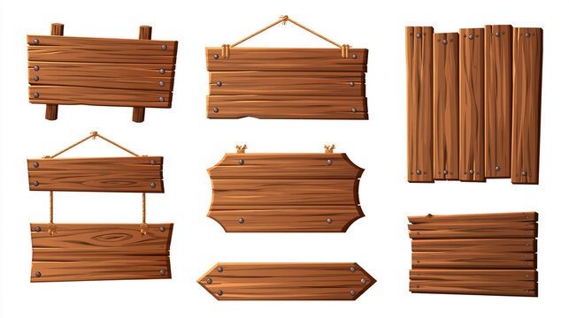 Set of various wooden signs and signboards isolated on white background. Perfect for nature themed labels or rustic shop information displays.