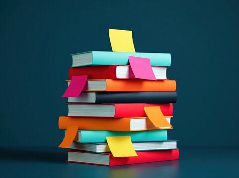 A stack of colorful books with sticky notes attached, suggesting knowledge sharing and academic focus, set against a dark blue background.