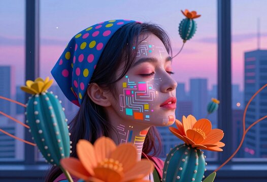 Woman with digital face art and vibrant cacti against city sunset