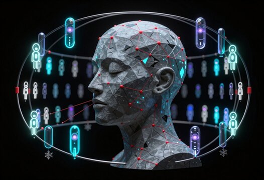Futuristic AI Neural Network Head with Digital Icons and Glowing Elements