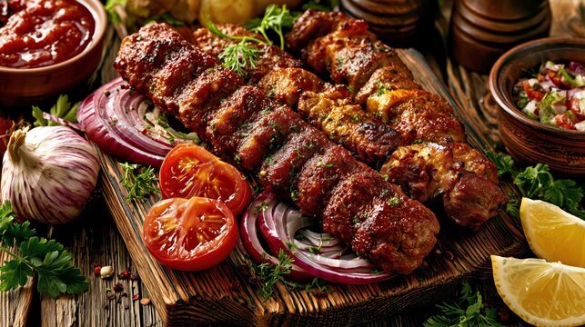 Grilled meat kebab skewers with tomatoes, onions, garlic and herbs on a rustic table, appetizing Middle Eastern food scene for menus and branding.

