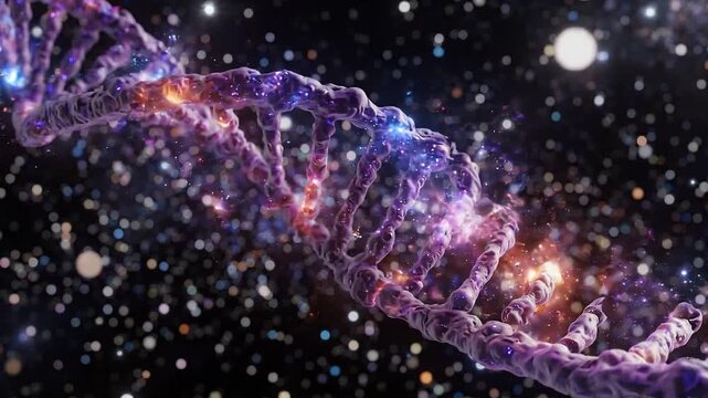 Abstract 3d visualization of a purple dna double helix undergoing a glowing transformation or reaction in a starry, deep space environment