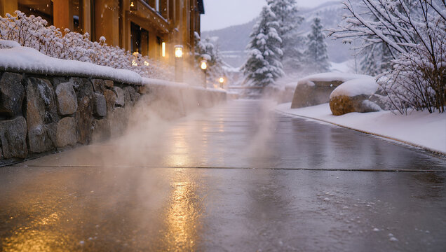 Snowy mountain lodge walkway with warm light, steam, and winter landscape creating peaceful atmosphere