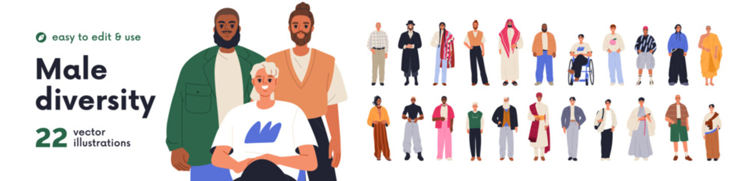 Diverse men set. Multicultural multiethnic male diversity. People of different culture, nationality, ethnicity, modern and traditional. Flat graphic vector illustrations isolated on white background